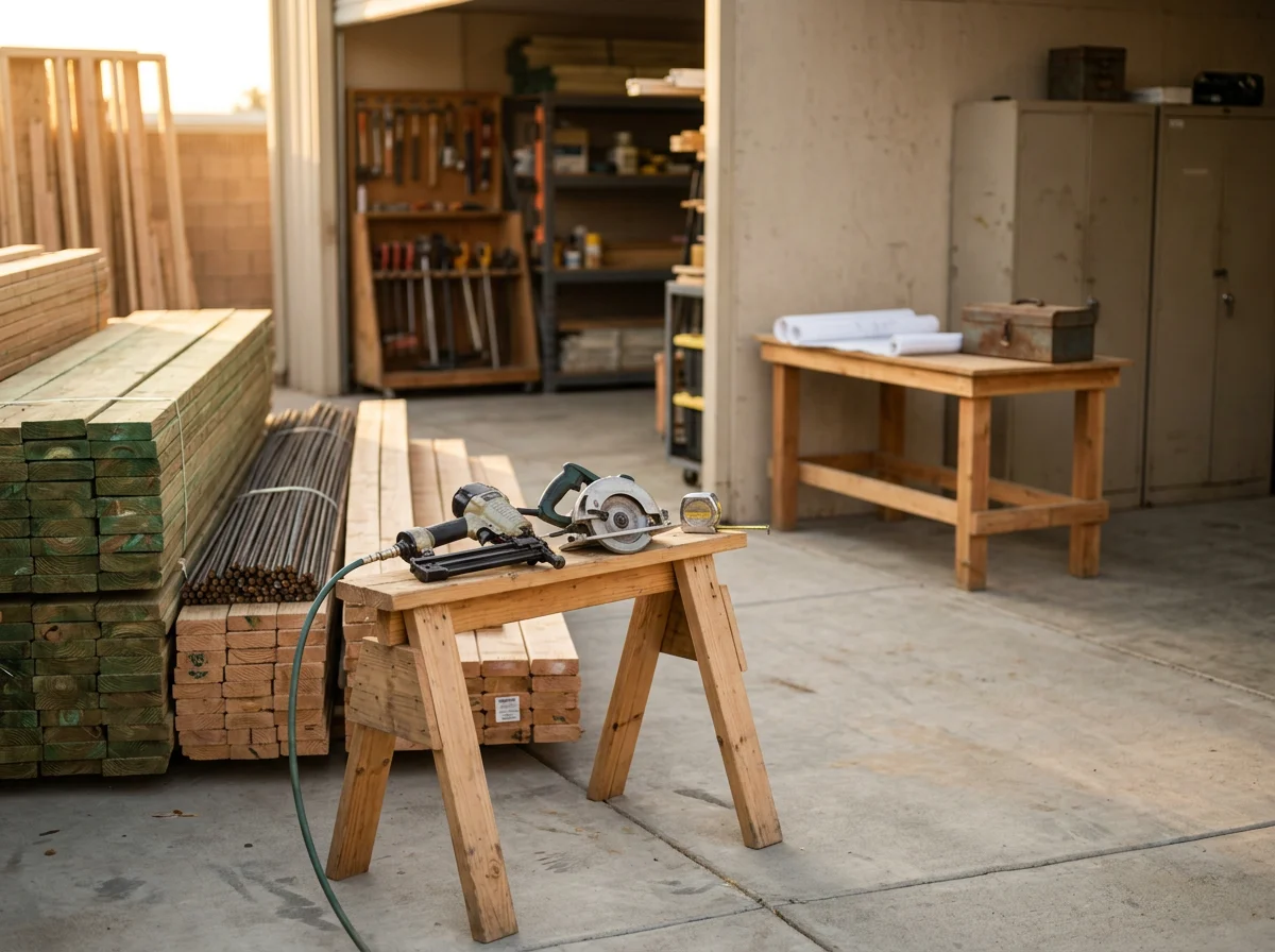 Construction site with framing materials and tools ready for building work.
