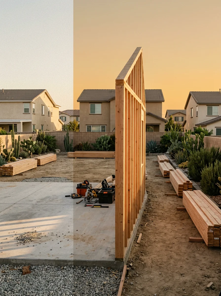 Detached ADU under construction in a Fontana backyard, showing wood framing and concrete foundation on a large residential lot.