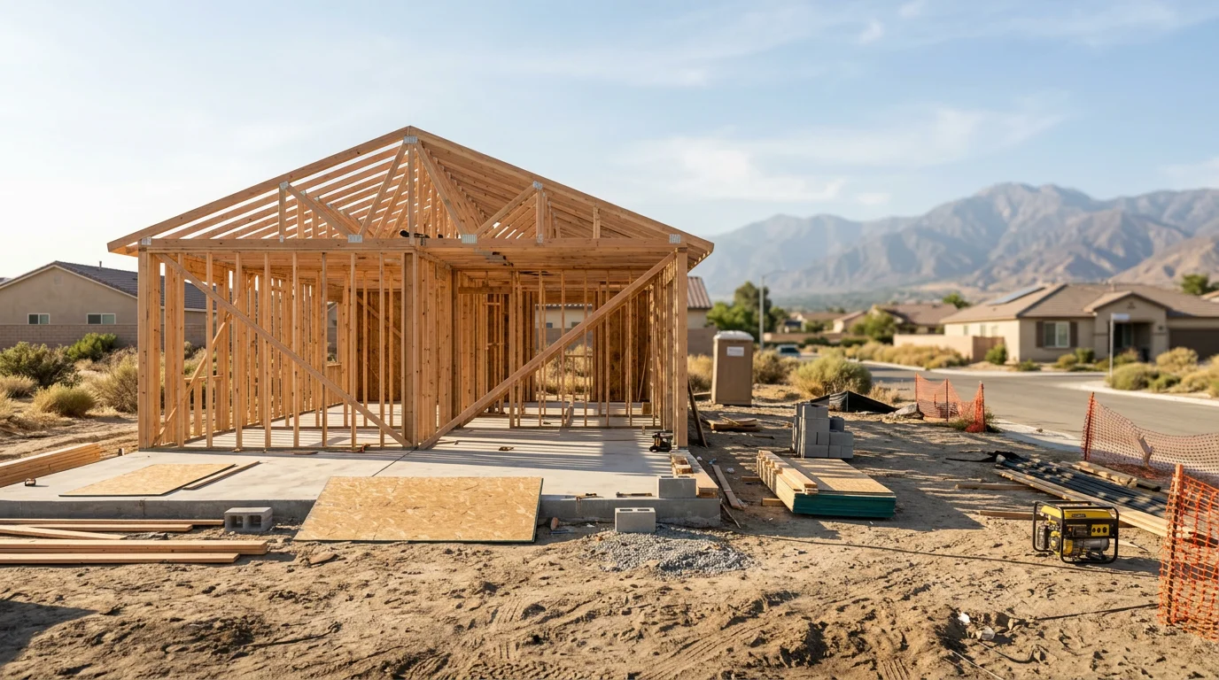 Framed new home construction on a Fontana residential lot with the San Gabriel Mountains visible in the background.