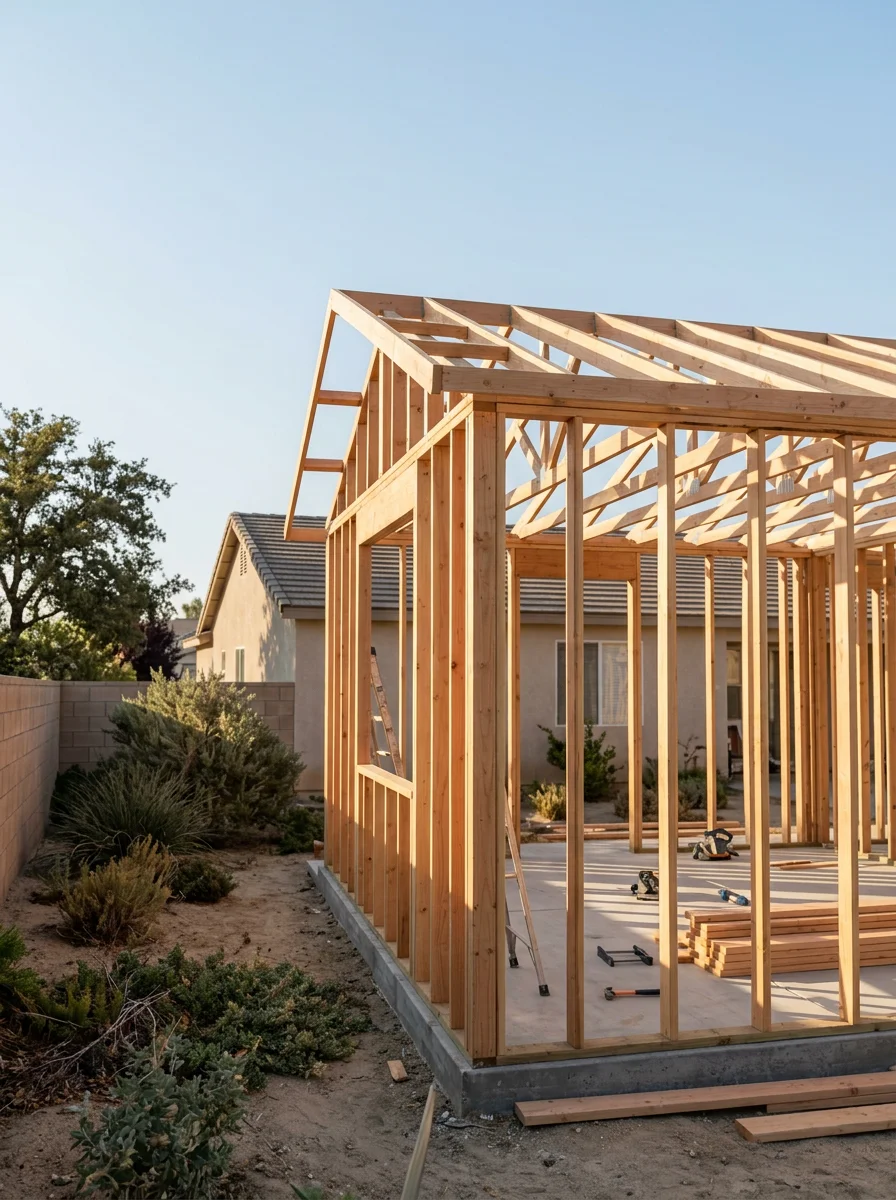 Detached ADU under construction in a Highland backyard, showing framed walls and a concrete slab with a 1990s tract home behind it.