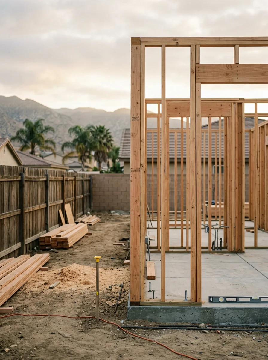New home framing on a vacant infill lot in Jurupa Valley, showing wood stud walls and concrete slab foundation.