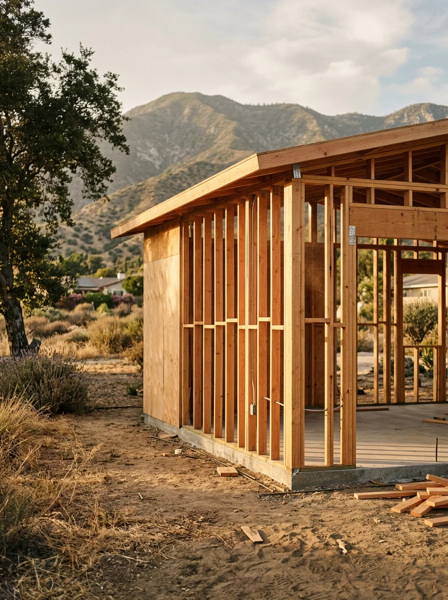 Detached ADU framing on a large Alta Loma residential lot in Rancho Cucamonga, showing wood stud walls and an open backyard.