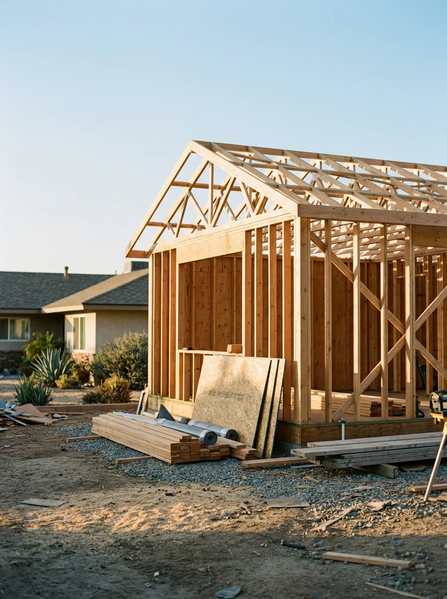 Detached ADU framing on a La Sierra residential lot in Riverside, with a 1950s ranch home visible in the background.