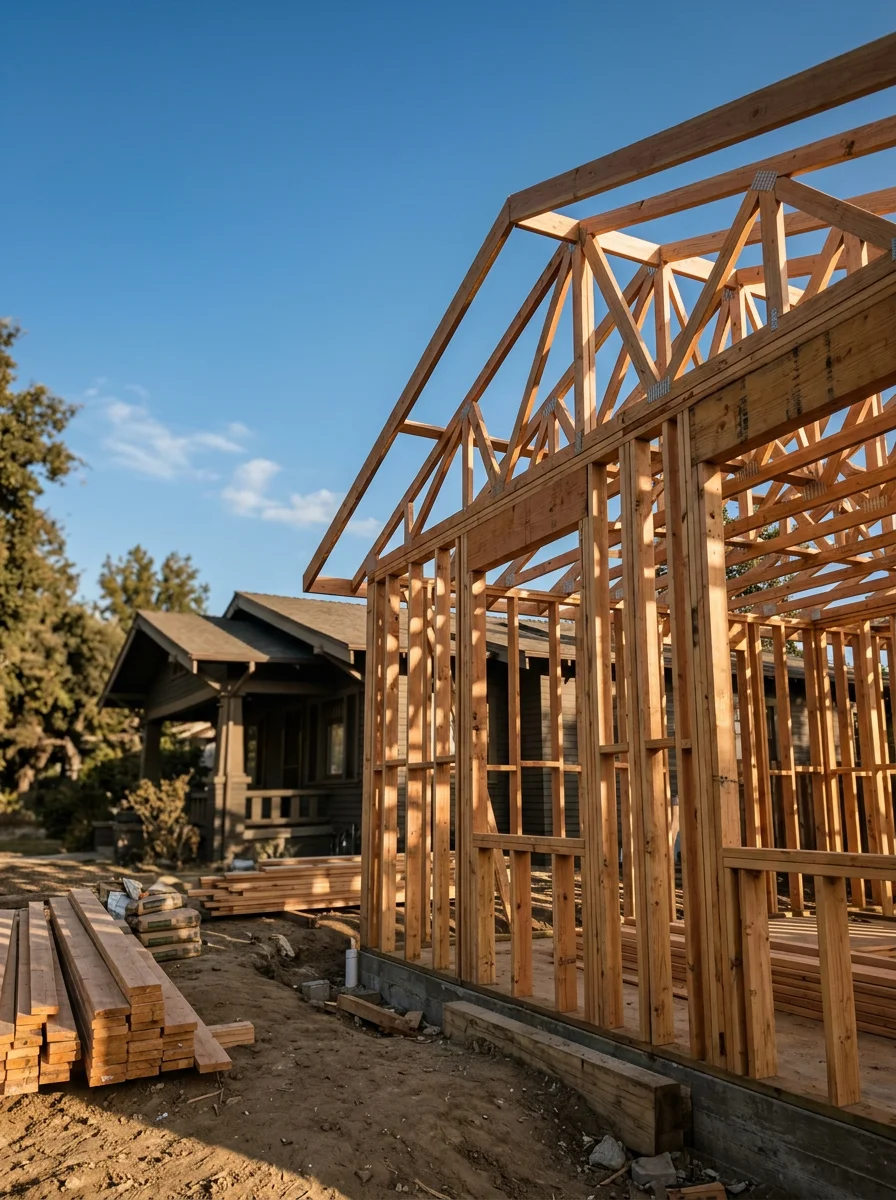 Detached ADU framing on an Upland backyard lot, with an older Craftsman-style primary home visible in the foreground.