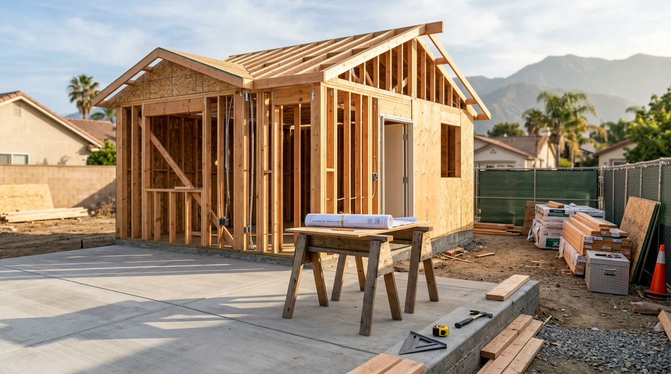 A newly constructed detached accessory dwelling unit with a covered entry in a Fontana residential backyard, showing a finished exterior and concrete pathway leading from the main house.