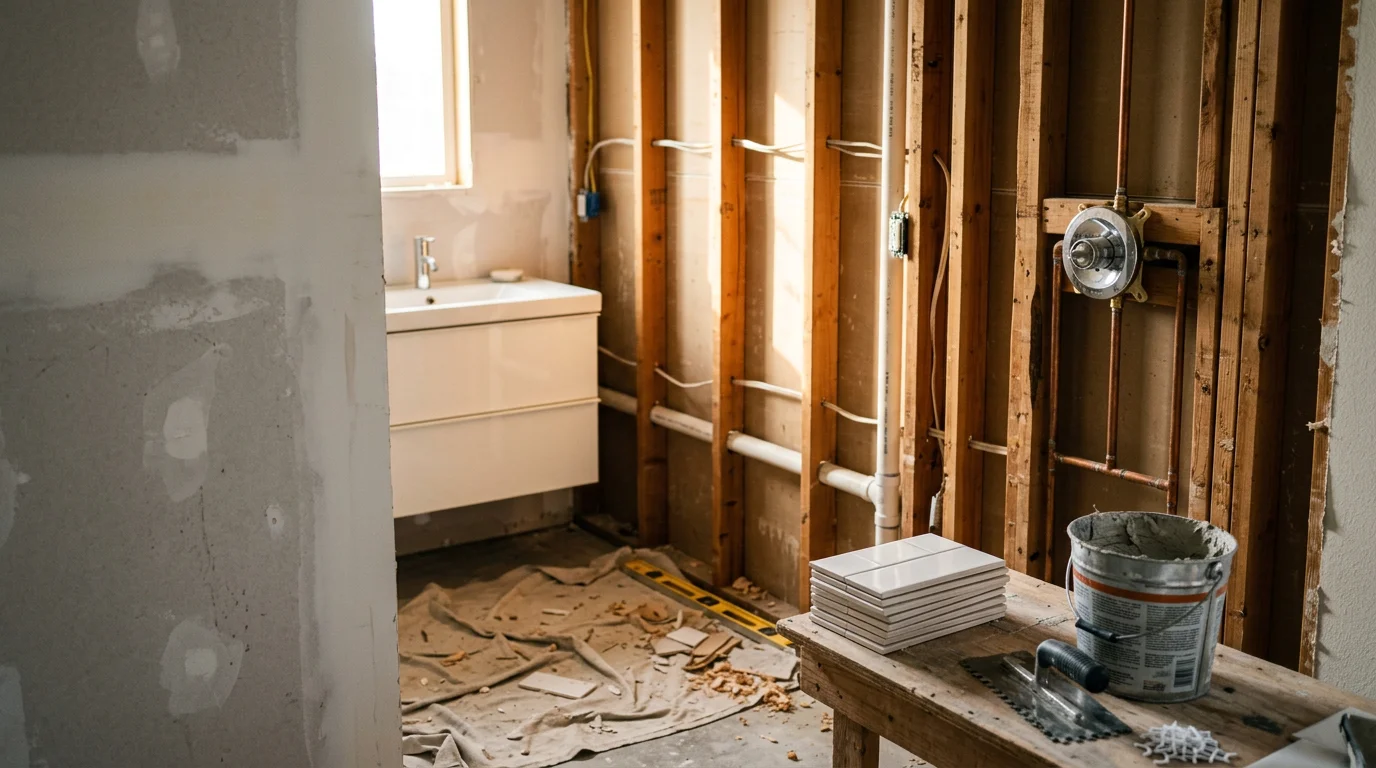 A remodeled bathroom in a Fontana home showing a tiled walk-in shower, updated vanity, and new flooring completed by Castillos Construction Services. The space reflects a clean, functional layout typical of Inland Empire residential remodeling work.