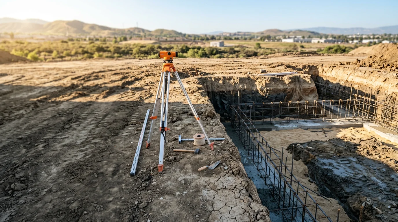 A concrete slab foundation being formed and reinforced at a residential construction site in Fontana, California. Steel rebar is visible within the formed perimeter, with dry Inland Empire terrain in the background.