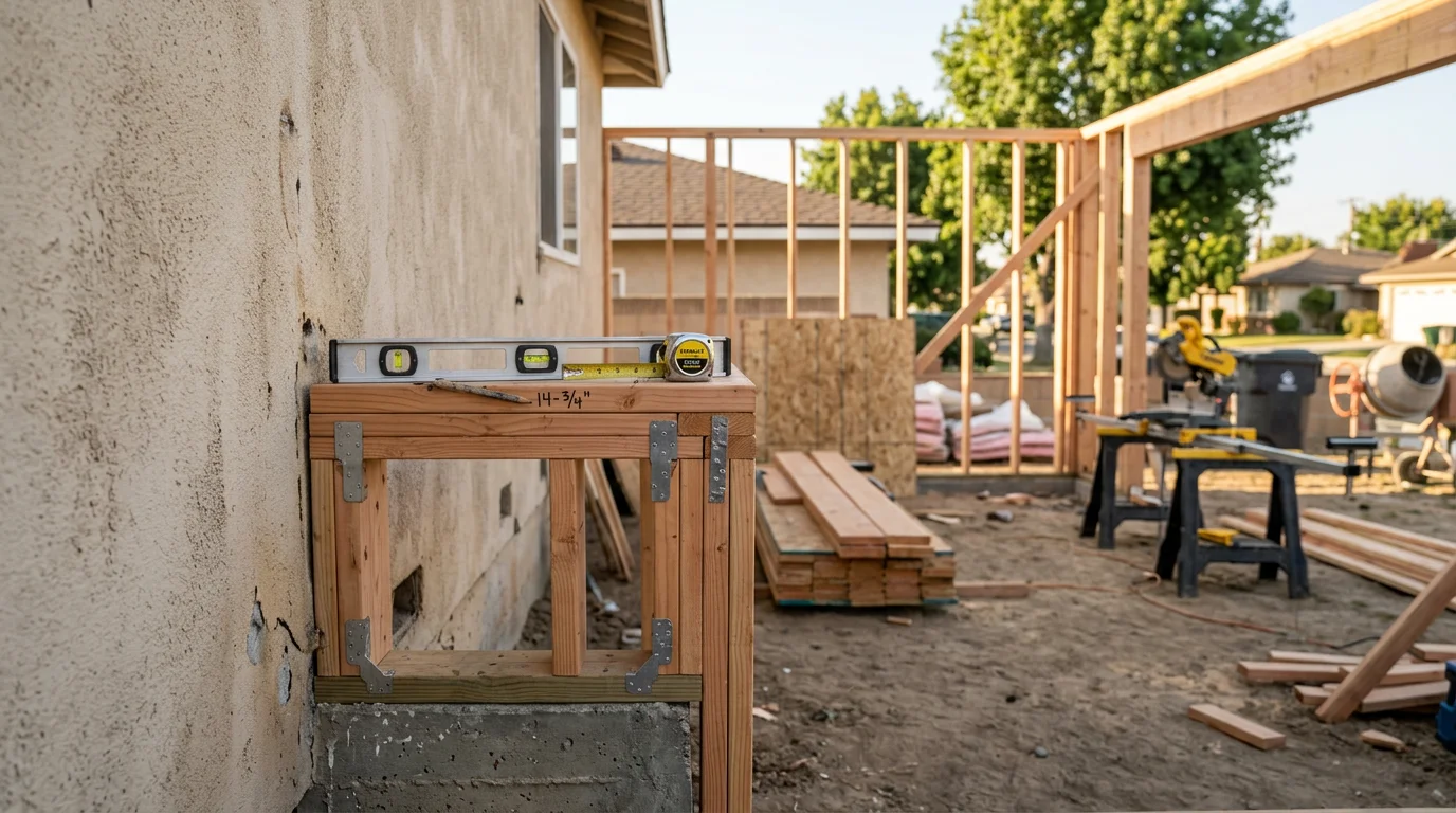 A newly completed single-story room addition attached to a stucco home in Fontana, California, showing a framed exterior wall with matching roofline and finished siding. The addition extends the rear of the house and connects seamlessly to the existing structure.