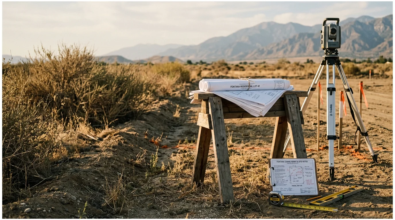 A builder and homeowner reviewing residential construction plans together at a table in Fontana, California. The setting shows a site plan and notes spread out during a home building consultation meeting.