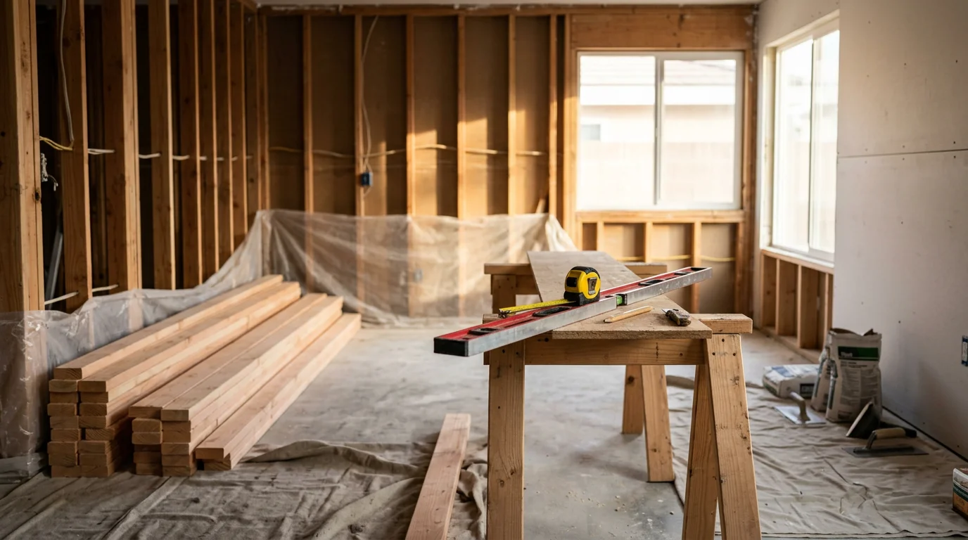 A renovated interior living space in a Fontana home showing updated walls, flooring, and an open layout completed by Castillos Construction Services. The room reflects a clean, functional finish typical of residential renovation work in the Inland Empire.