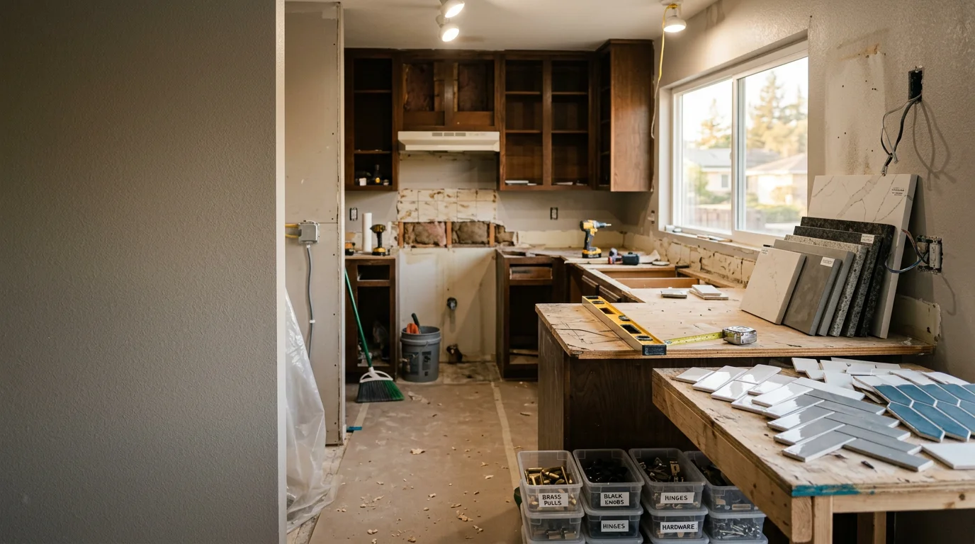 Remodeled kitchen in a Fontana home showing new cabinetry, updated countertops, and a refreshed layout. Work completed by Castillos Construction Services, serving Fontana and the Inland Empire.