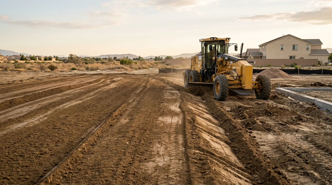 A graded residential lot in Fontana, California showing a compacted, level building pad with a smooth slope directing drainage away from the cleared property. Construction equipment is visible on the graded surface with surrounding Inland Empire terrain in the background.