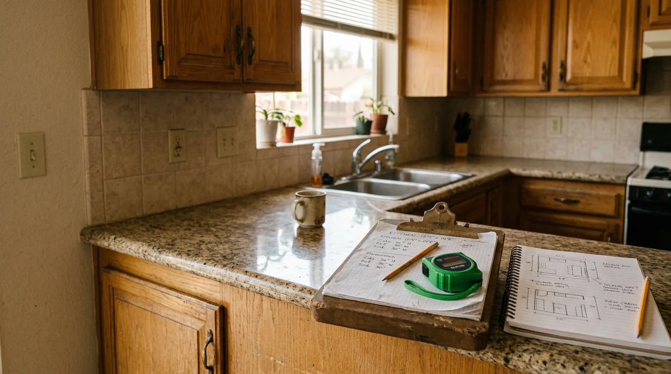 A general contractor reviewing a home interior with a Fontana homeowner during a remodeling consultation. The contractor points toward a wall while the homeowner looks on in a residential living space.