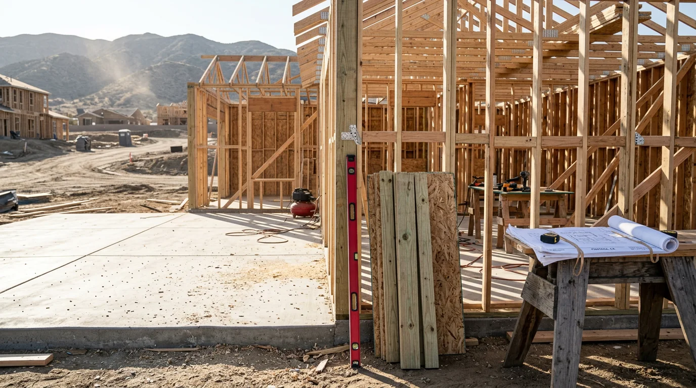 Residential wood framing in progress on a single-family home in Fontana, California, showing wall studs, header beams, and roof structure under a clear Inland Empire sky.