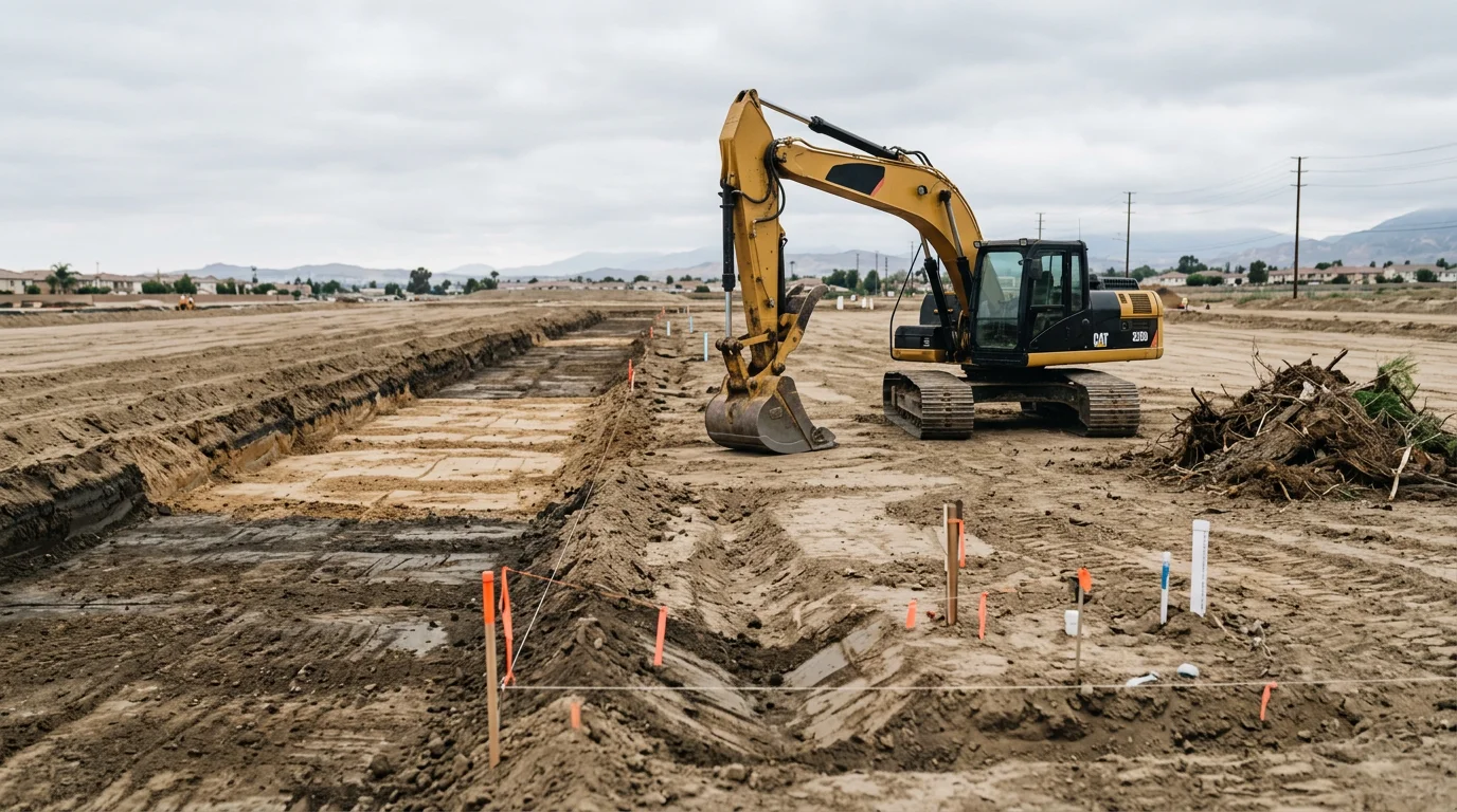 A cleared and rough-graded residential construction lot in Fontana, California, with excavated soil and level ground ready for the next phase of building. Heavy equipment tracks are visible across the prepared surface against an Inland Empire backdrop.