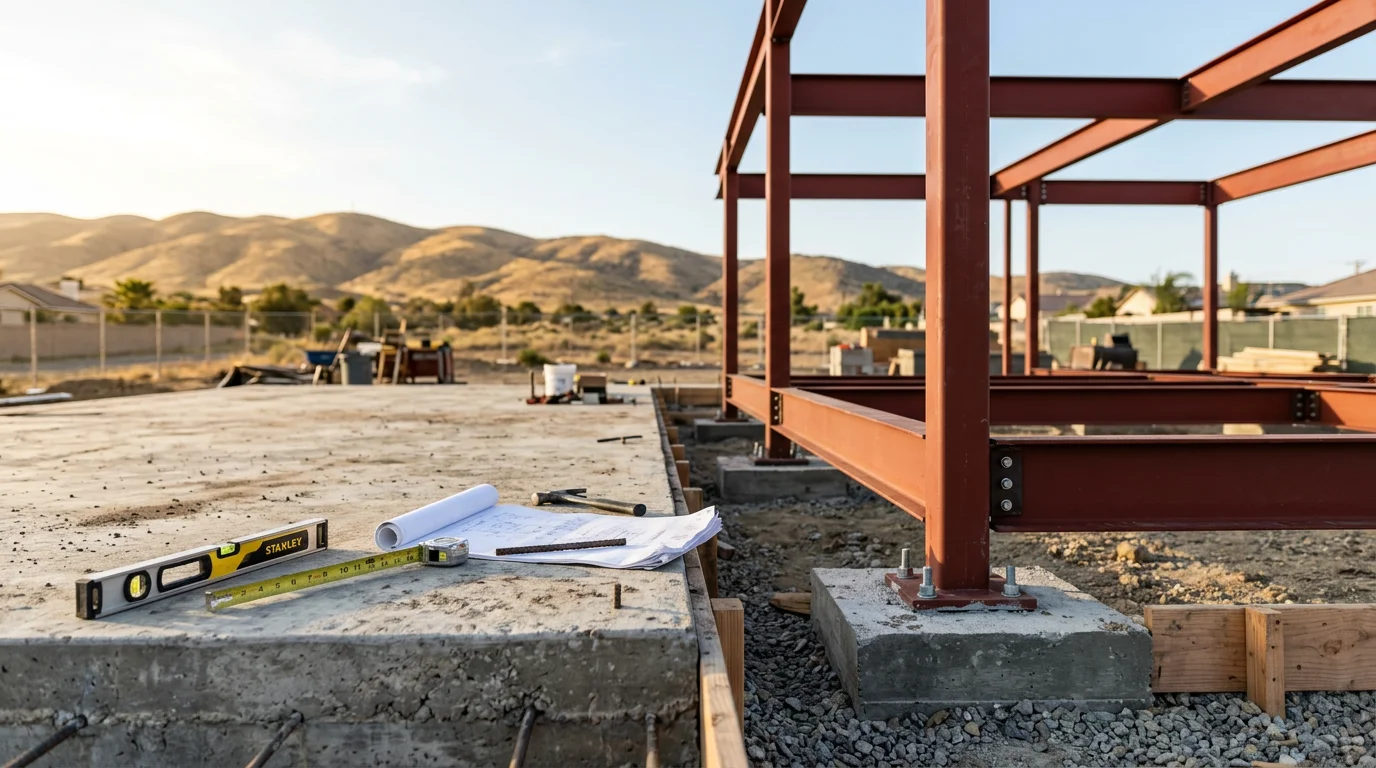Structural installation in progress at a residential property in Fontana, California, showing load-bearing framing and post placements on an active construction site. A construction crew works on the structural framework against a clear Inland Empire sky.